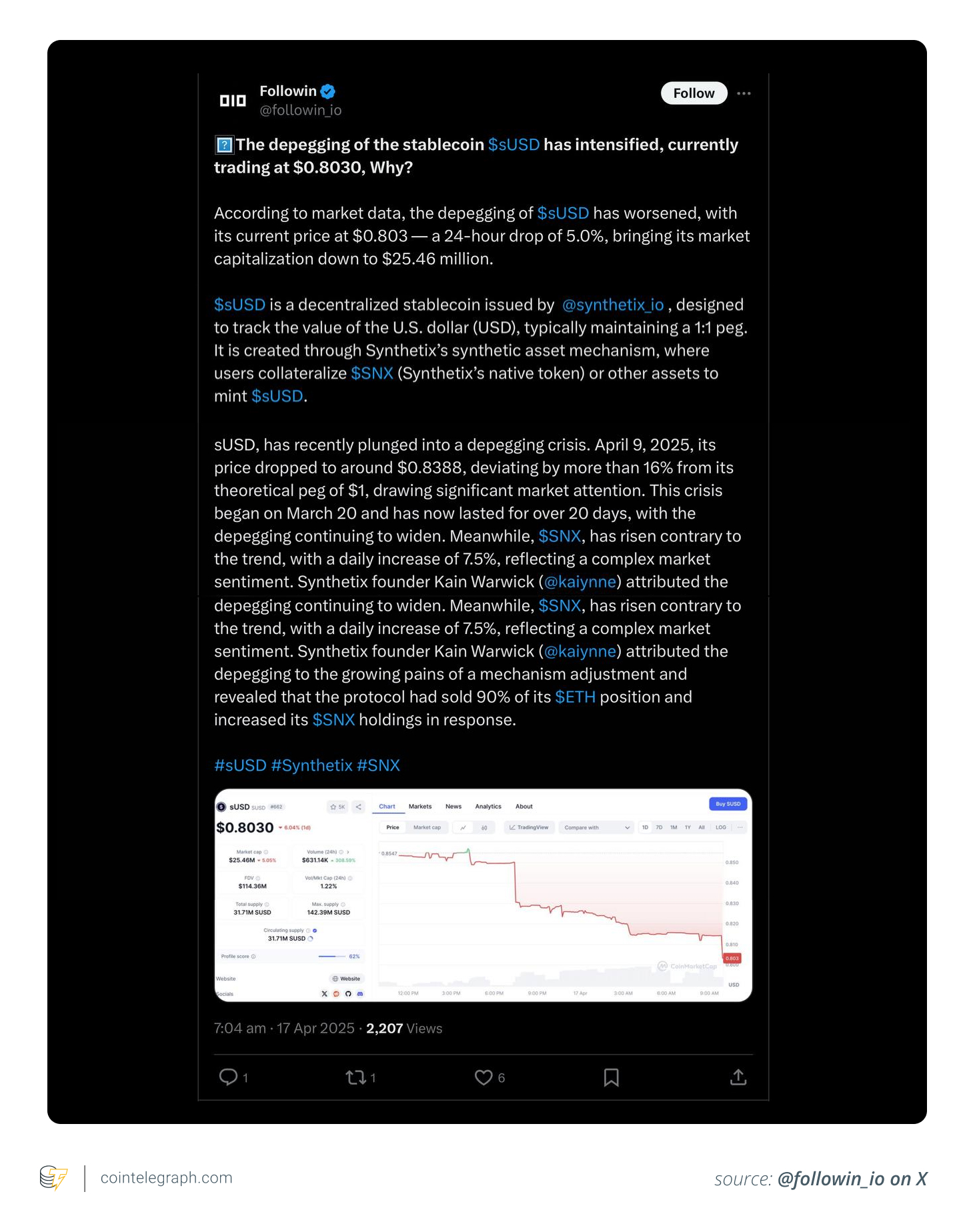 sUSD depegged to 0.80 on April 17, 2025