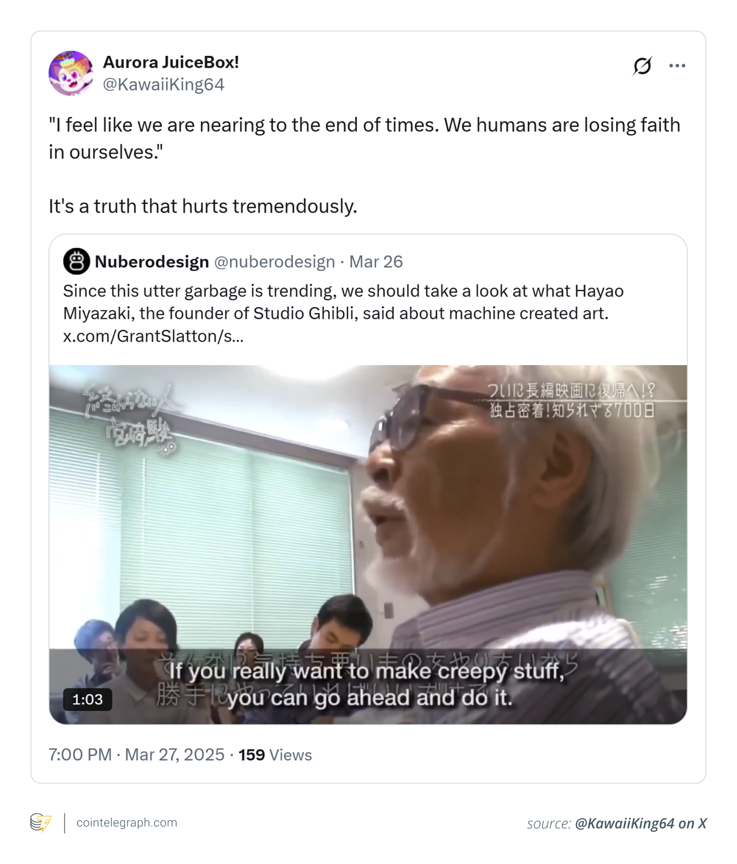 Miyazaki is a strong critic of AI-generated art