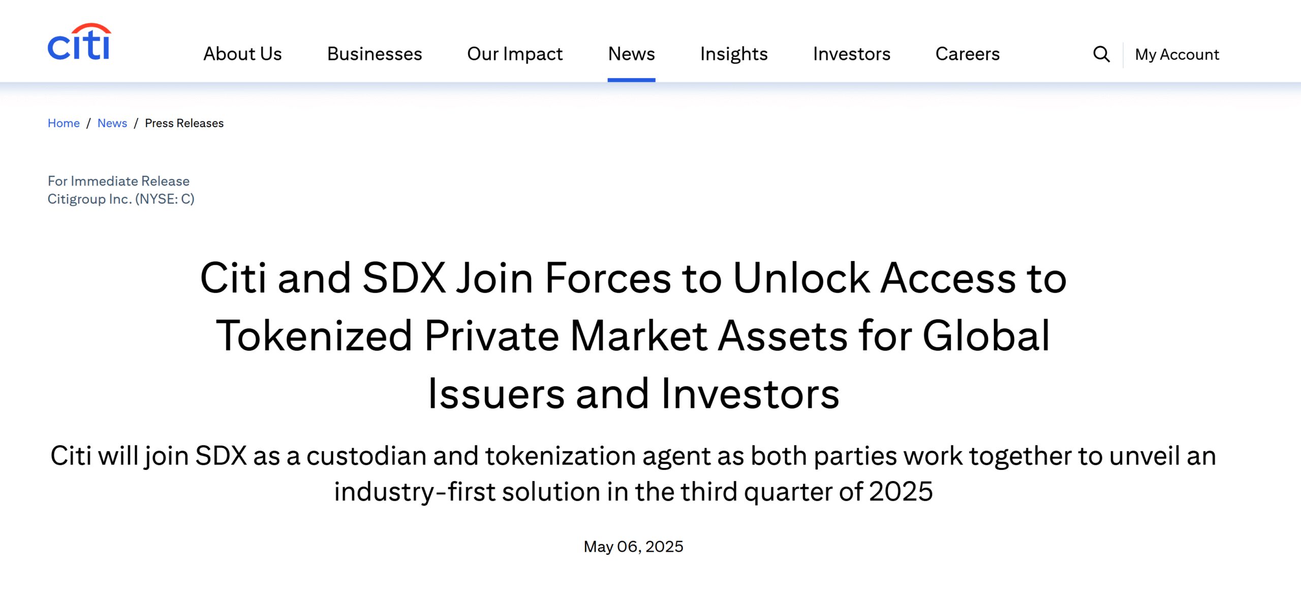Citi and SDX partner to tokenize traditional private markets