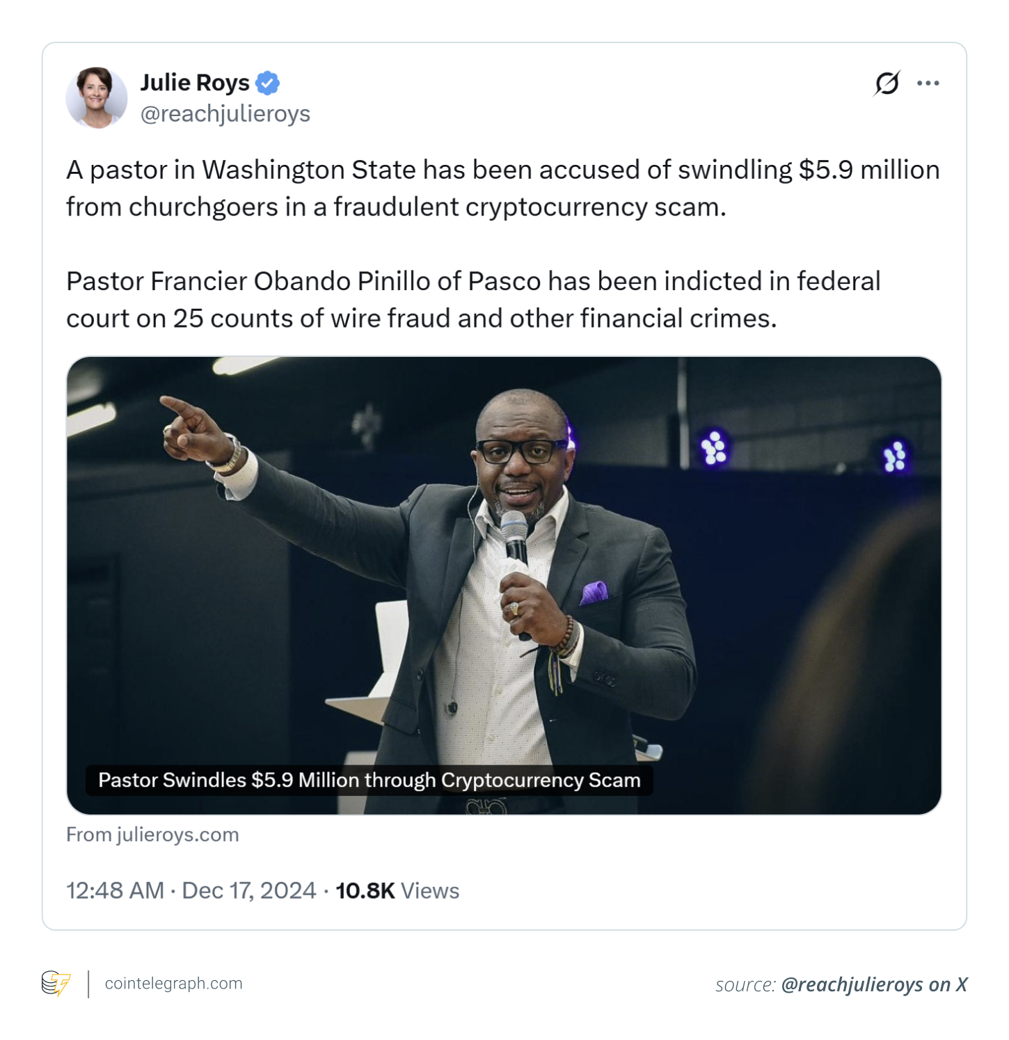 Pastor Francier Obando Pinillo defrauded churchgoers