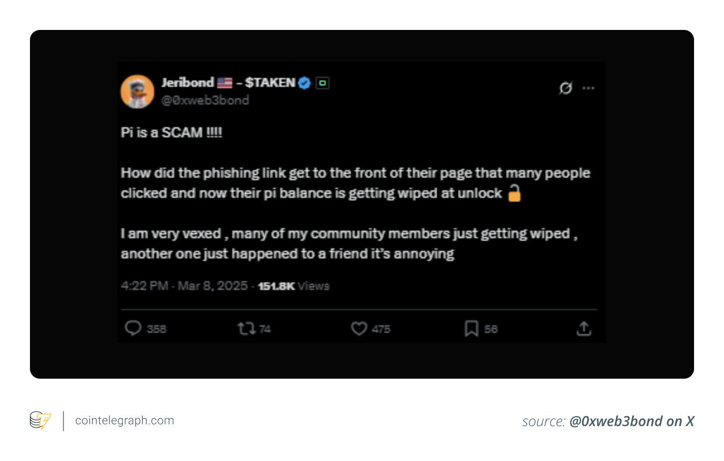 A user calling Pi Network a scam on X A user calling Pi Network a scam on X
