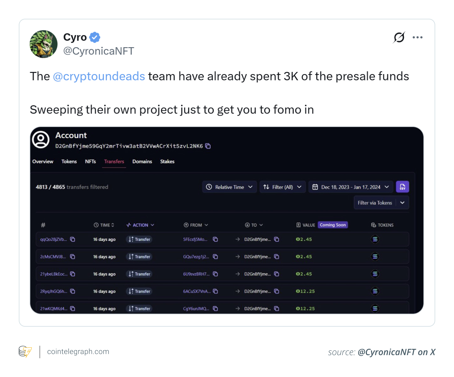 X user reporting crypto fraud by a shady team